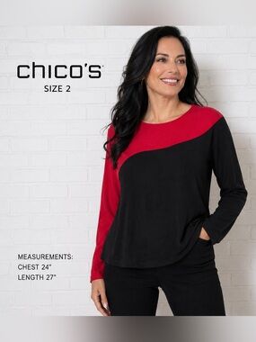 Chico’s Travelers Colorblock Knit Top Size 2 Red Black Long Sleeve NWT